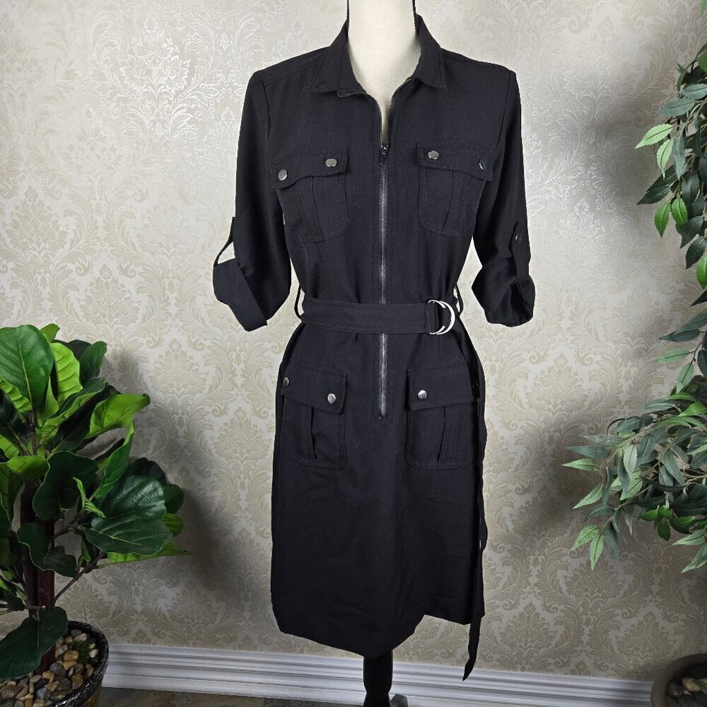 Sharagano Size 6 Black Shirt Dress with Belt Short Sleeves Zip Front Pockets